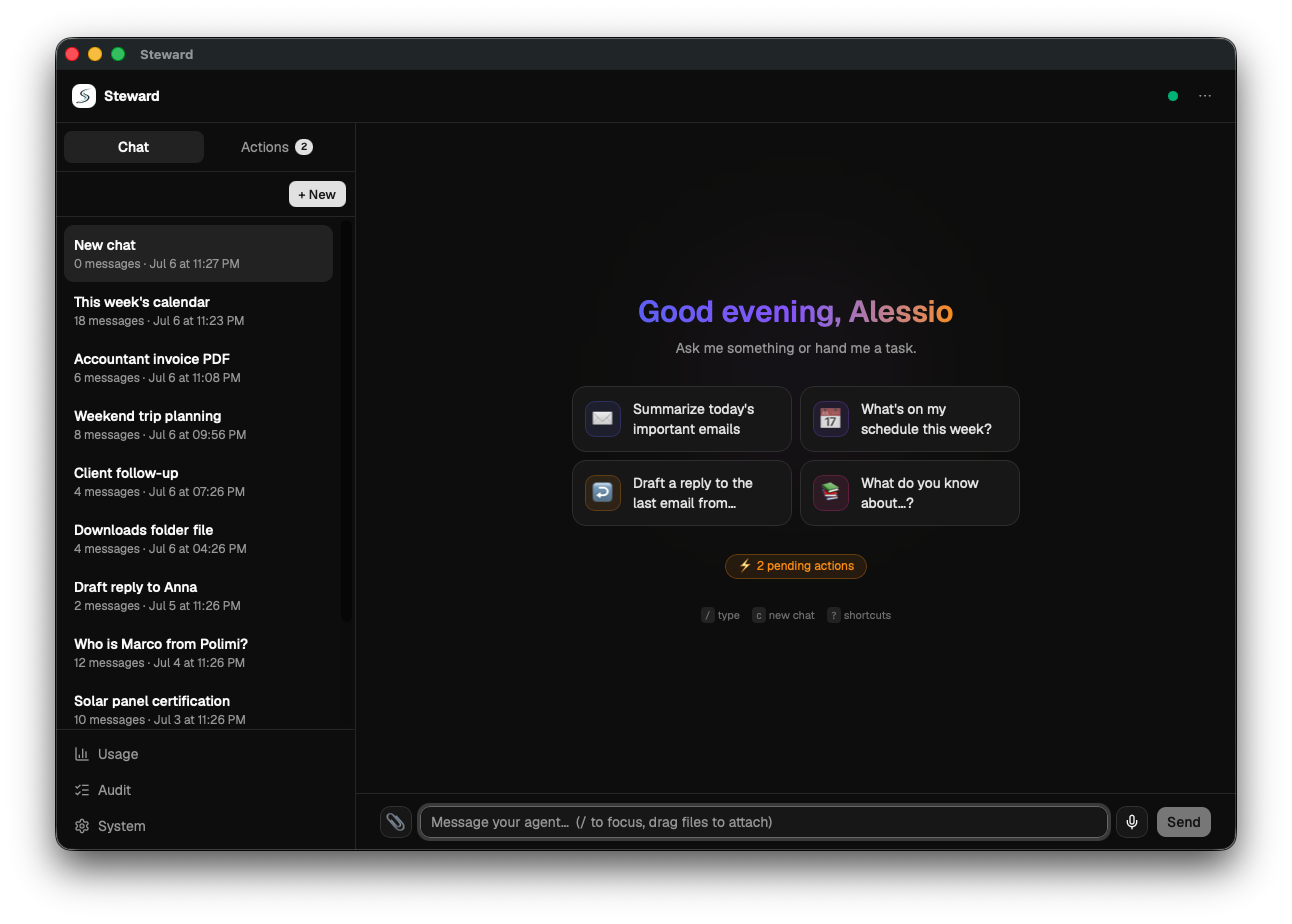 Steward home screen with conversations and suggested actions